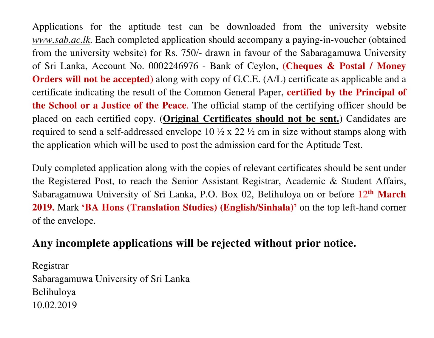 BA Hons (Translation Studies) English / Sinhala - Sabaragamuwa University of Sri Lanka
